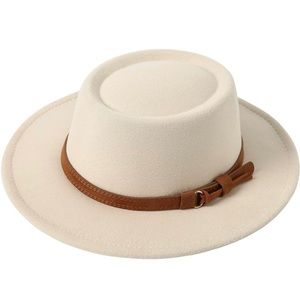 Women Vintage Wide Brim Warm Wool Fedora Hat with brown Belt